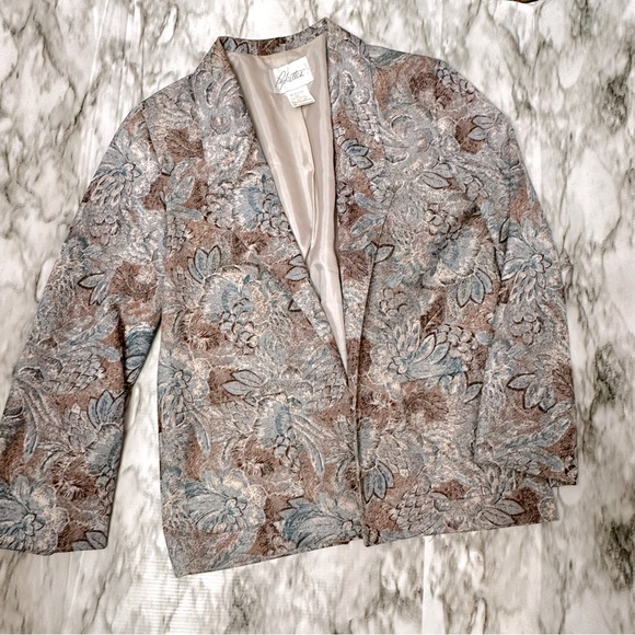 Pykettes Silk Blend Vtg Women Sz 14 80s Open Jacket Blazer Blue Brown Tapestry - Picture 1 of 9